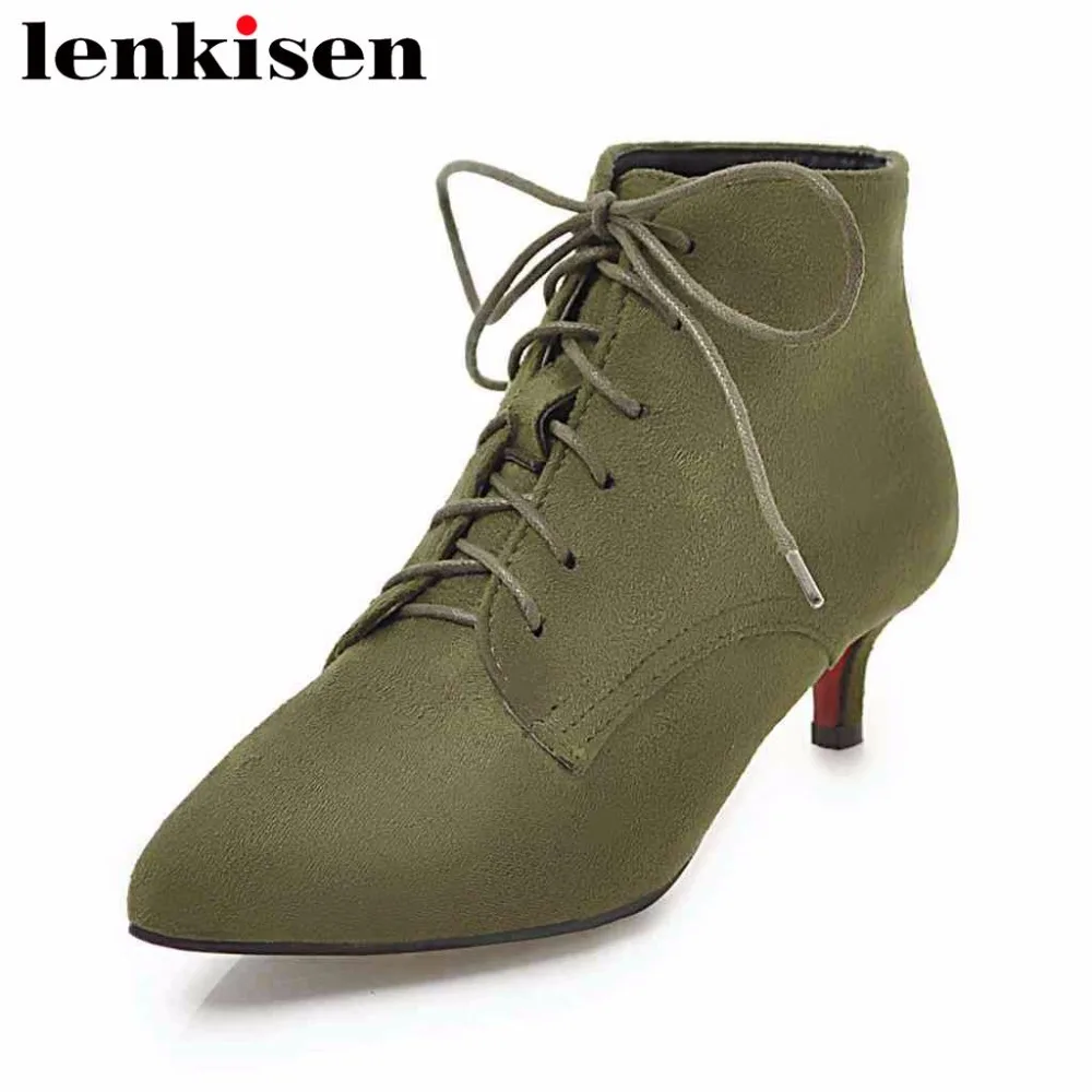 

Lenkisen oxford pop british style flock large size lace up pointed toe thin med heels solid concise style women ankle boots L56