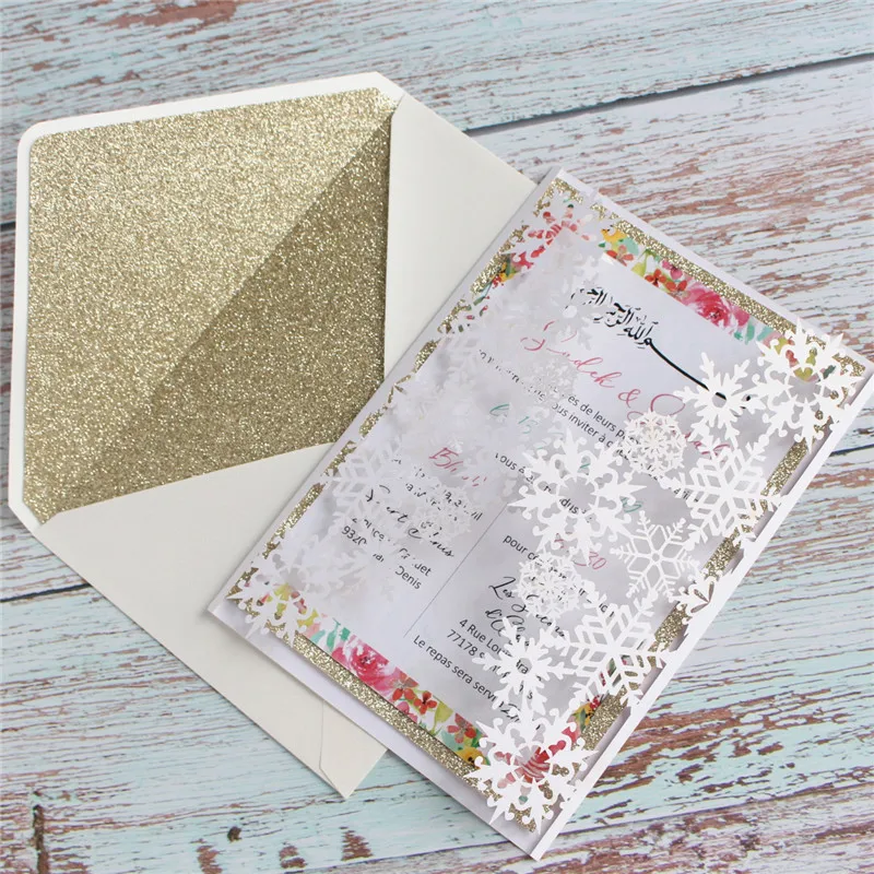 

Snowflake invitation laser cut glitter lining insert envelop baptism engagement invites personalized printing multi colors