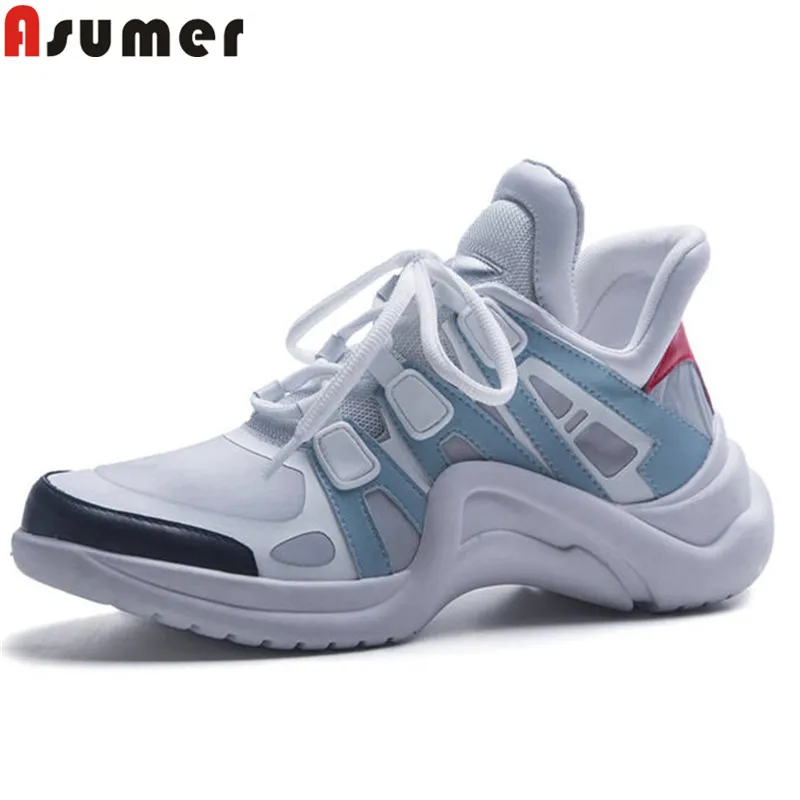 

ASUMER 2018 fashion Four seasons sneakers casual comfortable flat shoes mixed colors screen cloth+cow leather boots lace shoes