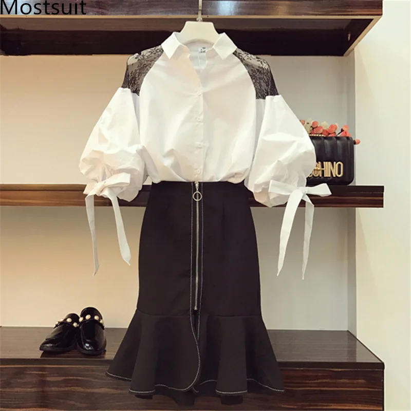 

Spring Summer Two Piece Sets Women Plus Size Bow Shirt And High Waist Mermaid Skirt Sets Suits Office Korean Elegant Women's Set