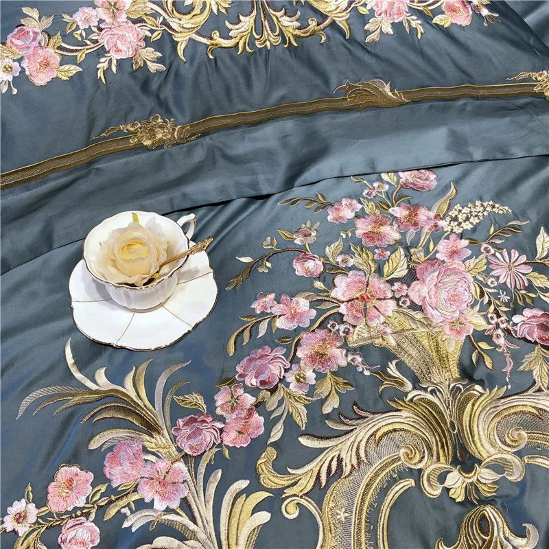 Sale Champagne Blue White Luxury Royal Embroidery 100S Egyptian Cotton Palace Bedding Set Duvet Cover Bed sheet/Linen Pillowcases 51