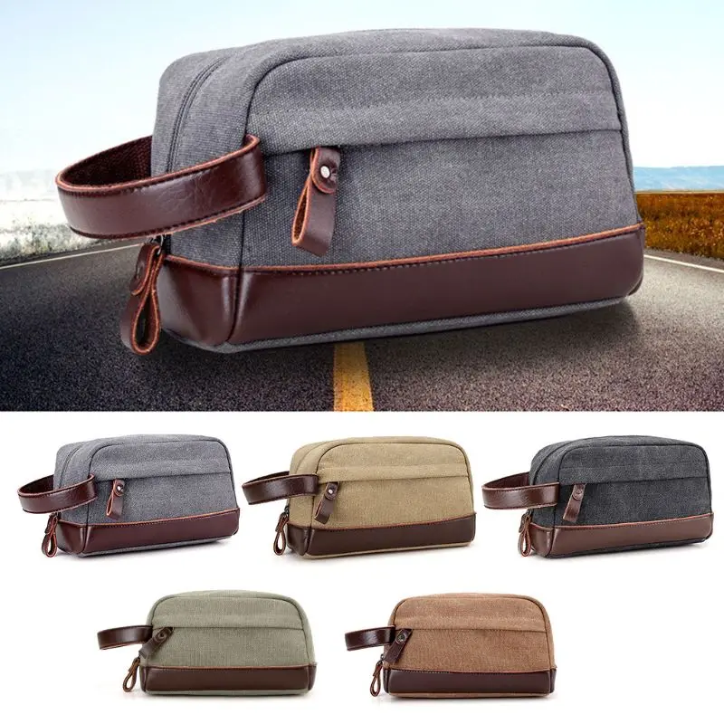 

Zipper Men Travel Canvas Toiletry Bag Wash Shower Makeup Organizer Portable Case Pouch Faux Leather