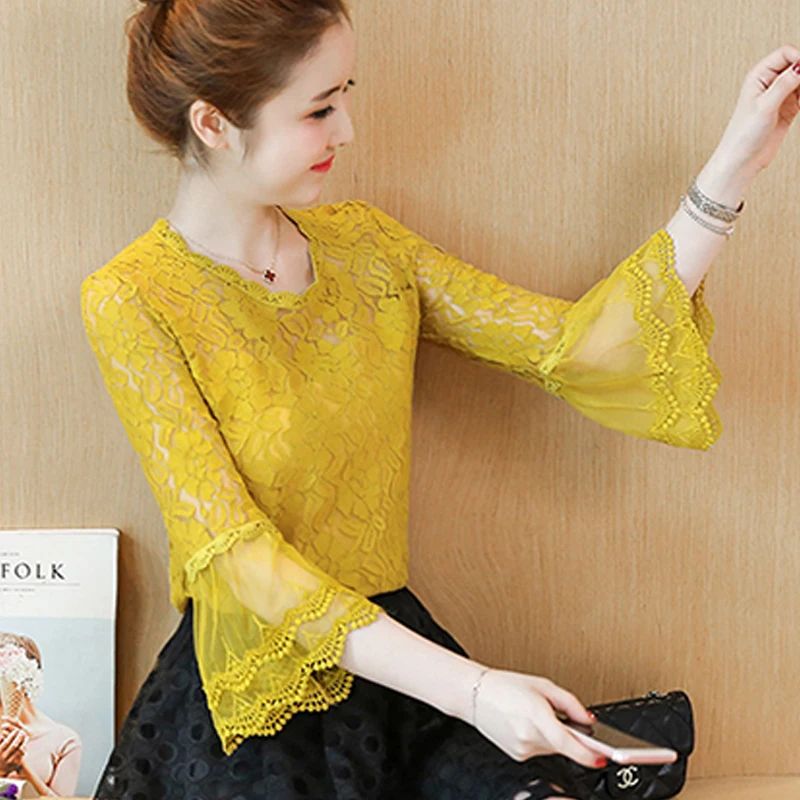 Кружевные женские топы, новые модные женские блузки, желтые блузки Весенние женские осенние блузки с круглым вырезом 708J3 - Цвет: Цвет: желтый