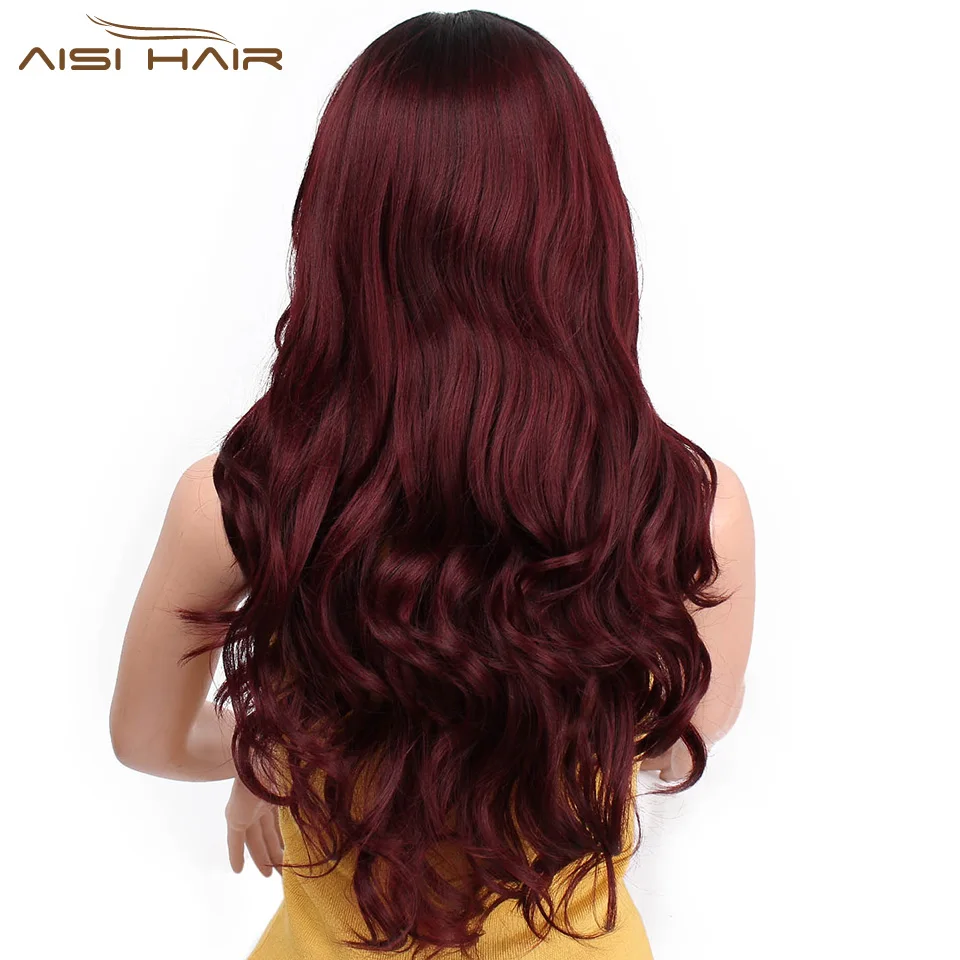 I S A Wig 24 Inch Ombre Dark Red Wavy Wig Lace Front Synthetic Wig