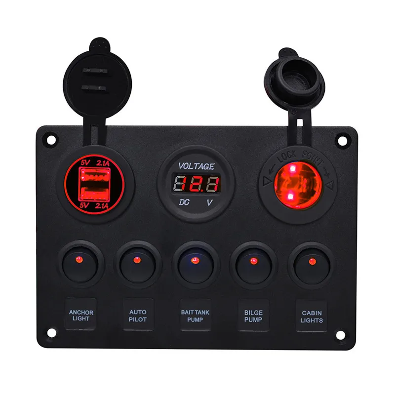 

Switch Panel LED 5 Gang ON-OFF Toggle Switch Control Panel Dual USB 12V For Car Boat Marine F13