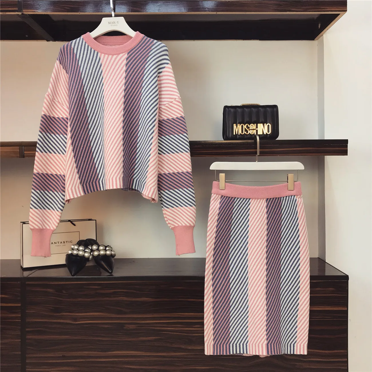 ALPHALMODA осень зима цветной полосатый вязаный костюм с юбкой Свободный пуловер свитер сзади юбки с разрезом Женские повседневные комплекты из 2 предметов - Цвет: Розовый