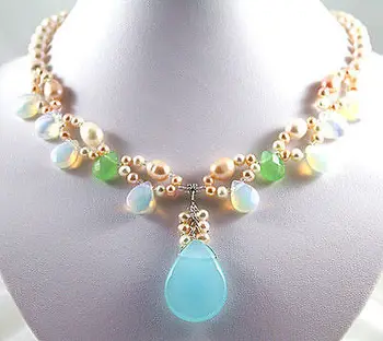 

brinco brincos New Design White Pearl Moonstone/Blue gem Bead Pendant Necklace for women jewelry