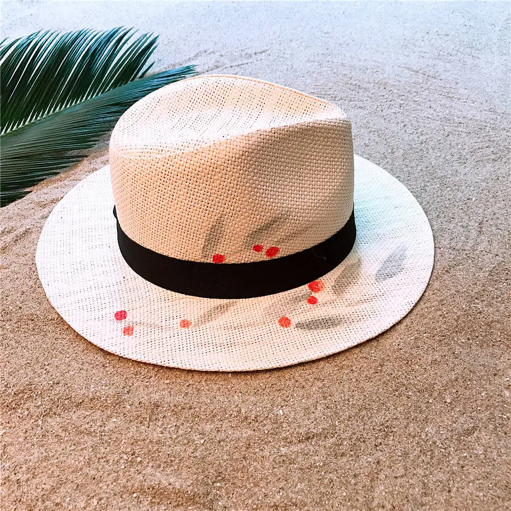 Hand Painted Summer Women Straw Panama Hat For Lady Wide Brim Beach Sun