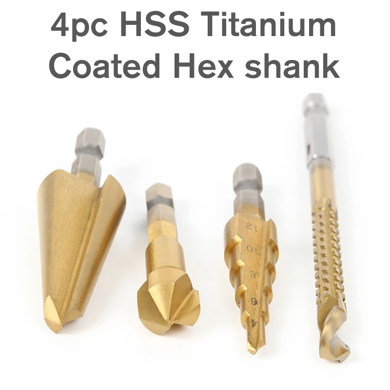 4pcHSS Titanium Coated Hex shank Countersink Drill Step Drill Tapered Cone Drill Woodworking Power Tools Coated Countersink Bit 4pcHSS Titanium Coated Hex shank Countersink Drill Step Drill Tapered Cone Drill Woodworking Power Tools Coated Countersink Bit