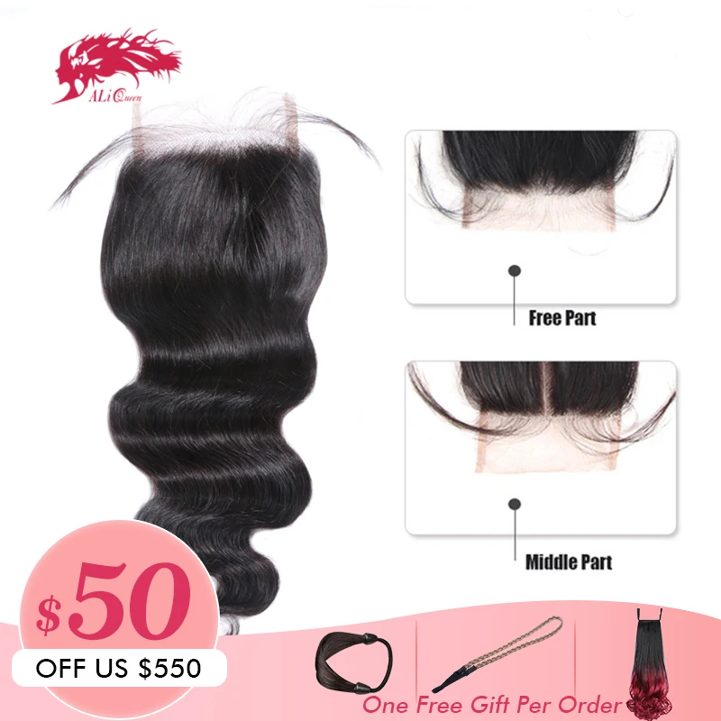 

Ali Queen Hair HD Transparent Brazilian Body Wave Lace Closure Remy Hair 4*4 Natural Color Swiss Lace Closure with Baby Hair