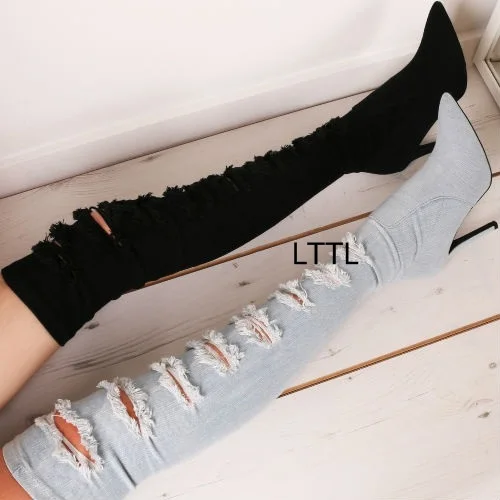 

Stylish Design Distressed Jeans Long Boots Women Denim Slim Fit Pointy Stiletto High Heel Thigh High Boots New Arrival FancyShoe