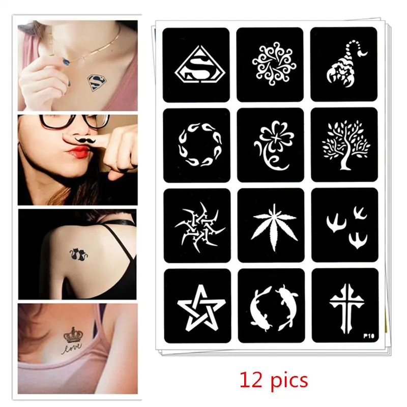 

12 pics Henna Party Tattoo Stencil DIY Jagua Drawing Templates Airbrush Painting Mehndi Body Art Small Flash Tatto Stencils C32