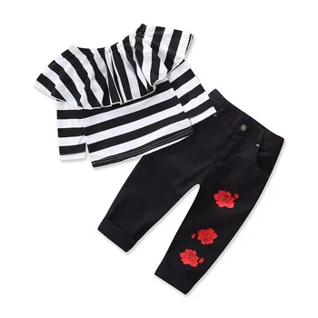 

Spring New Fashion Girls Stripe Top Rose Pants 2 pcs Set 1-7Y Kids Clothes Girls long sleeves clothing set