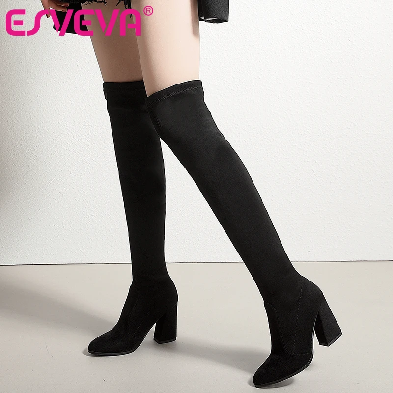 Achat ESVEVA 2019 Femmes Bottes Glissement sur des Chaussures Sur Le Genou Bottes Stretch Tissus Pointu Toe Hoof Talons hauts Dames Bottes taille 34 43