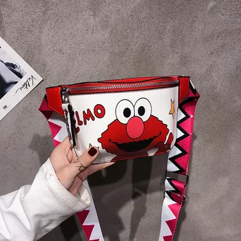 

Korean Style Monster Cartoon Print Girls Personality Chest Bag Fashion Wide Shoulder Strap Shoulder Bag Women Small Waist Wallet