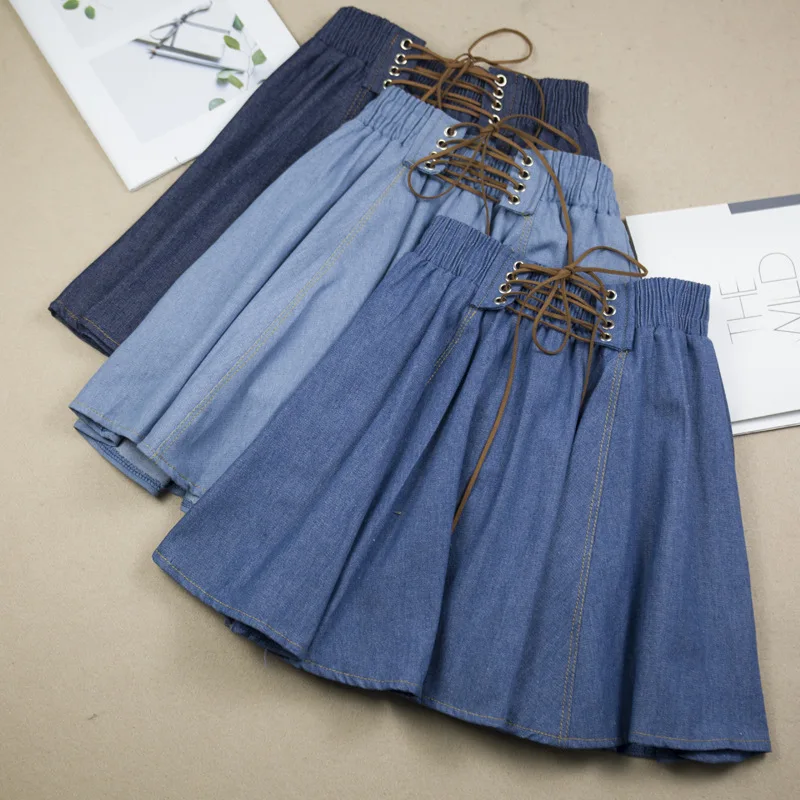 

Sweet Korean Denim Mini Skirt For Women 2019 Prevent Runaway Umbrella Summer Skirt Women Bandage Lace Up Pleated Skirt Women