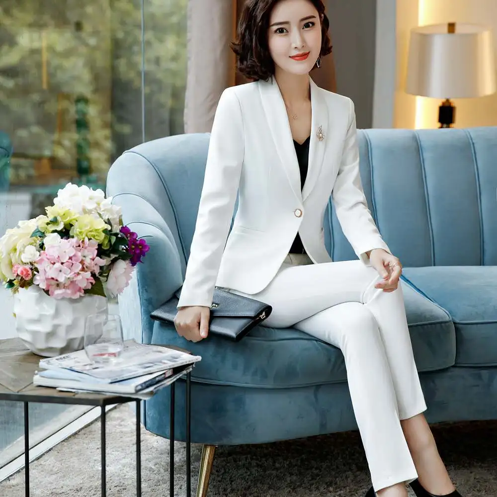 Новые осенние и зимние профессиональные куртки и брюки офисные женские деловые брюки костюм женские брюки костюм белый - Цвет: Белый