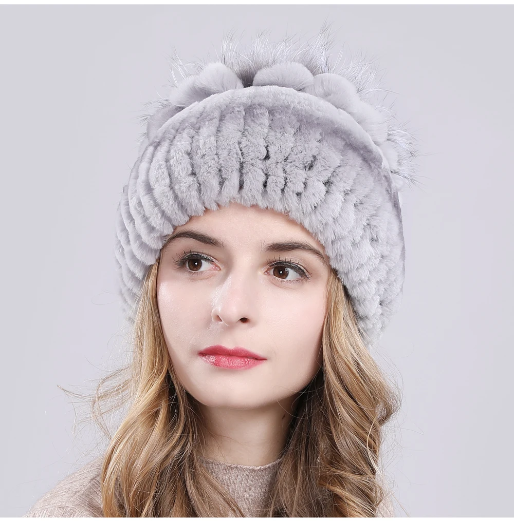 Women Natural Real Rex Rabbit Fur Beanies Hats Winter Warm Knitted Rex Rabbit Fur Caps New Female With Fox Fur Skullies Hat