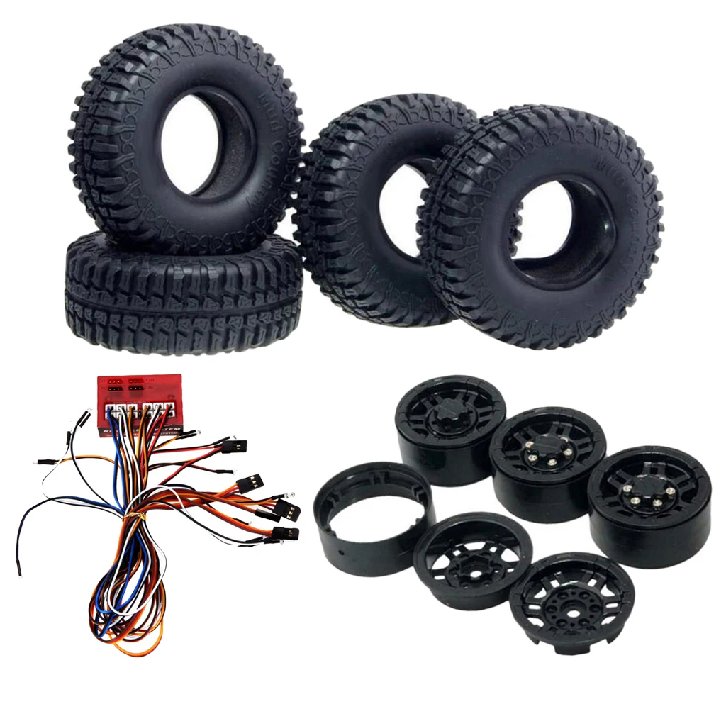 4x 1.9'' Beadlock Wheel Rim Tires Rubber+12 LED Lights for 1/10 Axial SCX10 CC01 RC Buggy Carwler Models