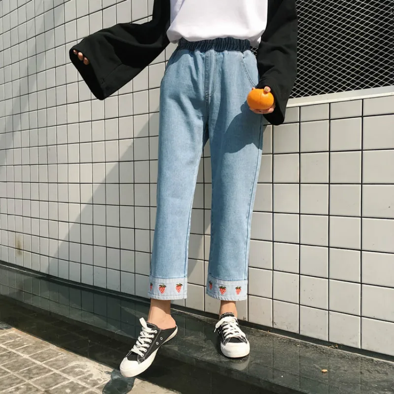 

Harajuku Fashion High Waist Women Denim Jeans Sweet Cute Strawberry Embroidery Girls Jean Pants Elastic Waist Denim Trousers