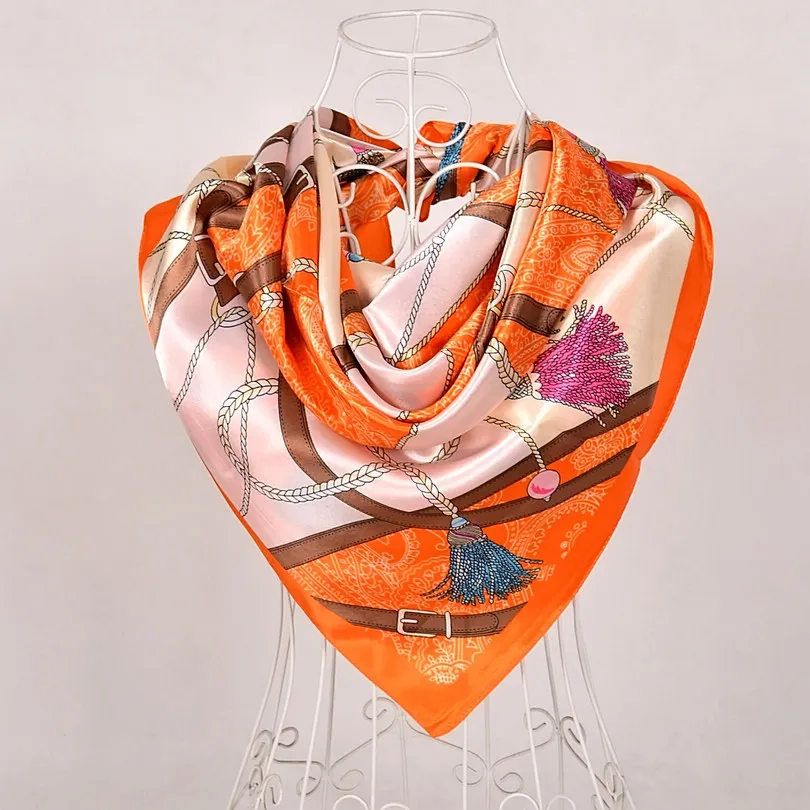 [BYSIFA] синий чистый Шелковый атласный шарф, шаль, Женский брендовый цветочный дизайн, большие квадратные шарфы, элегантный мусульманский женский платок - Цвет: orange