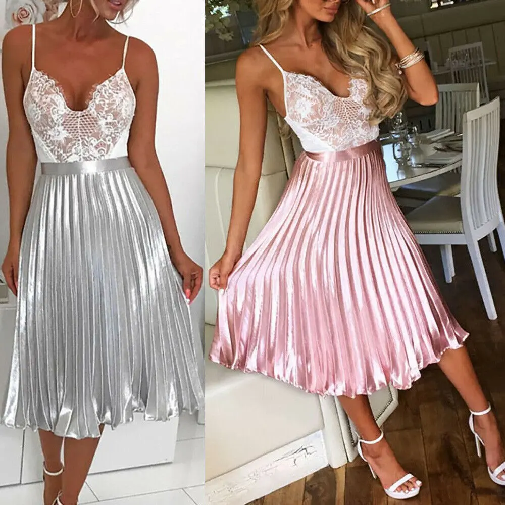 

Hirigin Women Sexy High Waist Stretch Knee Length Skirts Flared Pleated Swing Plain Holiday Beach Skirt