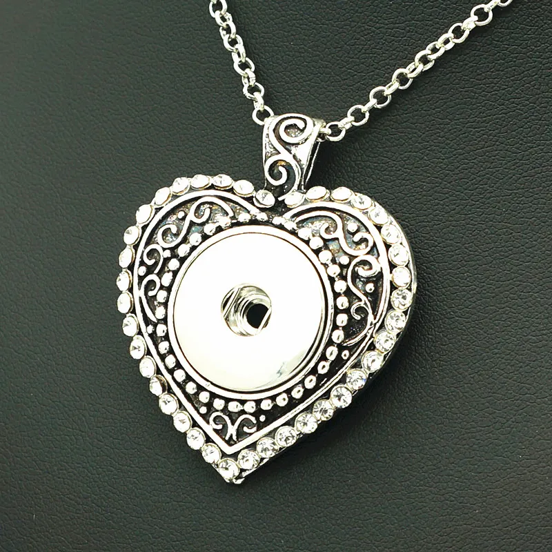 

Fashion Crystal Heart Retro pattern snap pendant necklace 60cm fit DIY 18MM snap buttons wholesale XL0147
