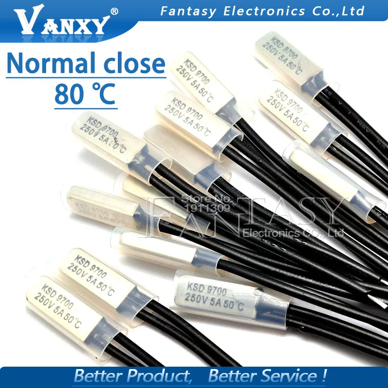 

5pcs KSD9700 250V 5A 80 Degree Temperature Switch Bimetal Disc Normal Close Closed Thermostat Thermal