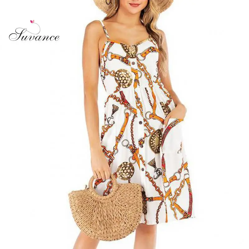 Suvance/2019 модное летнее платье с v-образным вырезом, 2 цвета, высокая талия, размер S-xl, женское пляжное платье средней длины, Jl-bfz6077