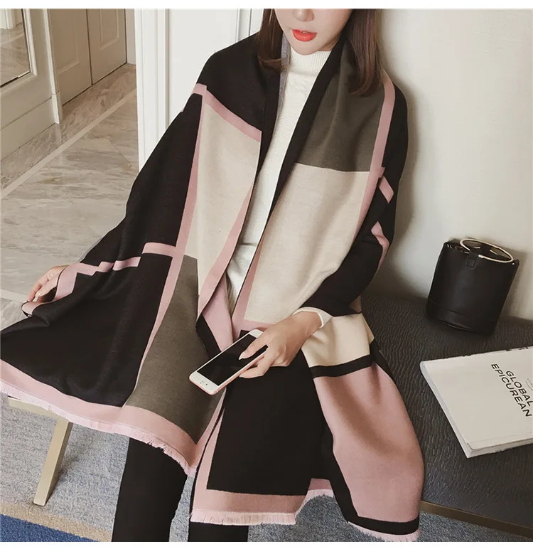 Chanycore Colorblock bow Fashion Winter scarf cashmere pashmina women scarfs Colorblock double-sided warm thick shawl for ladies