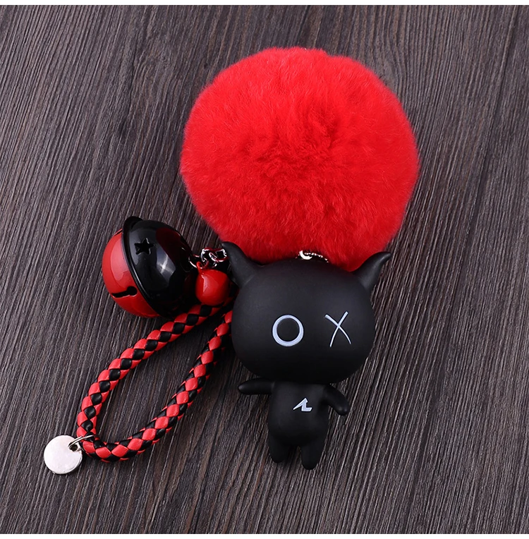 

Cartoon XO X O BADTZ-MARU Animal Keychain Women Fur Pom poms Pompom Key Ring Chains Leather Trinket Car Bag Charm D101