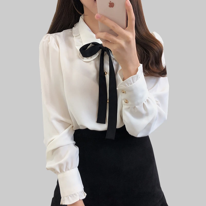  Bow Shirts Woman Long Sleeve Button Chiffon Blouse Women 2019 New Embroidery Blouses Butterfly Slee