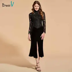 Dressv черный высокая шея коктейльное платье элегантные с длинными рукавами с кружевной аппликацией чай Длина Свадебная вечеринка