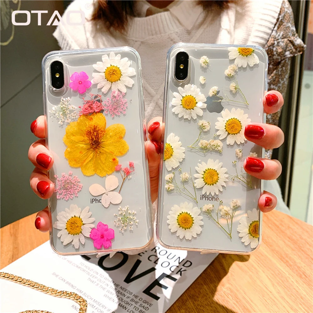 

OTAO Real Dried Flowers Transparent Soft TPU Case For iPhone X 7 8 plus 6 6S Epoxy Case For iphone XR XS Max Back Cover Funda