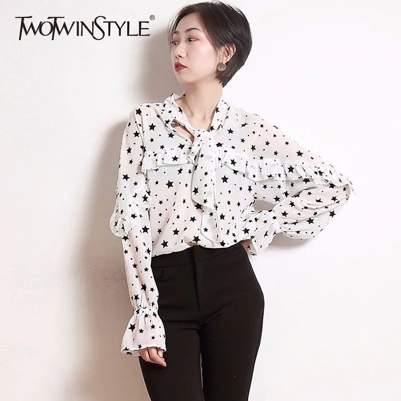 

TWOTWINSTYLE Chiffon Printed Women's Shirt Lace Up Ruffles Flared Sleeve Blouse Tops Female 2019 Spring Summer Sexy Clothes New