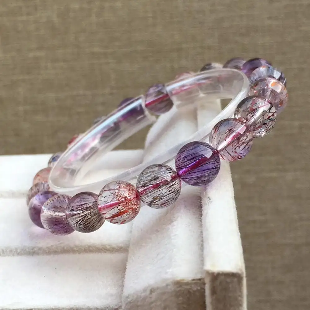 

Genuine Natural Super Seven 7 Purple Rutilated Quartz 9mm Crystal Round Beads Bracelet Women Men AAAAAA Certificate