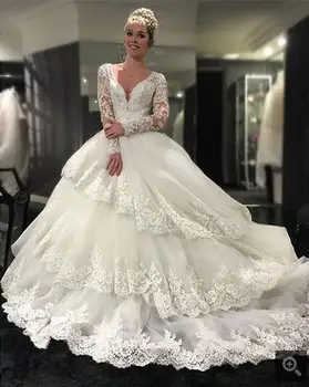 

Robe de Mariage new Lace Long Sleeve wedding dress sexy sheer back Ball Gown wedding dresses Tiered Vestido de Noiva Cacsamento