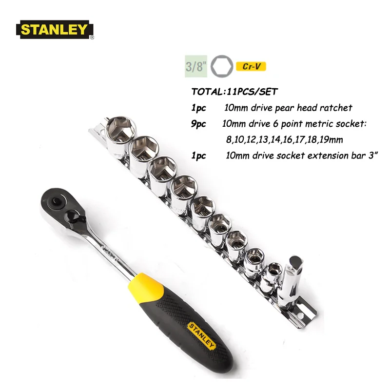 Stanley 11 piece 10mm metric 6 point 3/8 inch impact drive socket set with ratchet &power extension bit lifetime warantee 8-19mm Stanley 11 piece 10mm metric 6 point 3/8 inch impact drive socket set with ratchet &power extension bit lifetime warantee 8-19mm