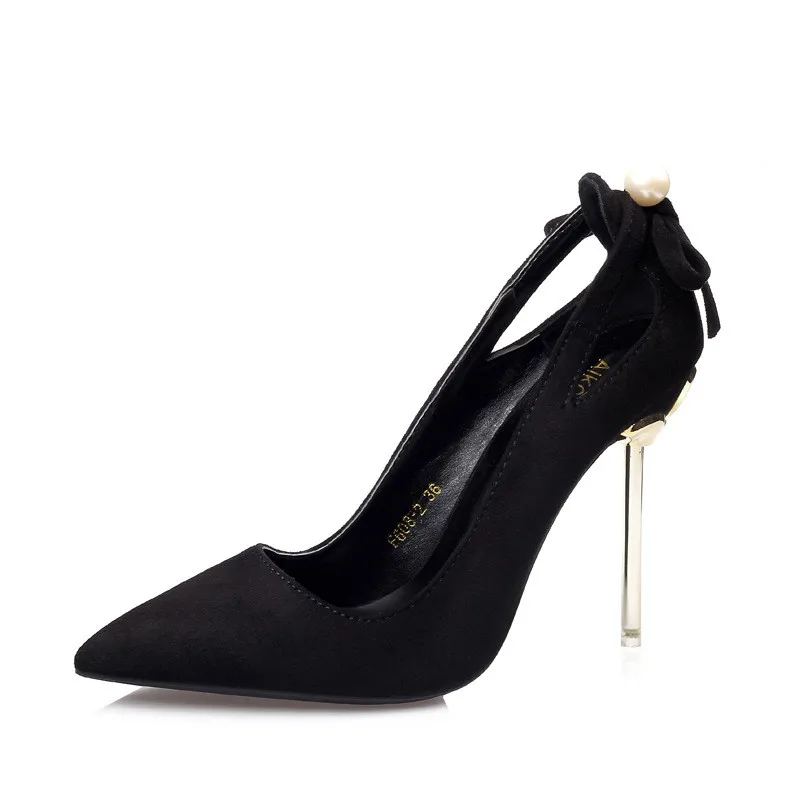 

2019 spring and autumn pointed openwork bow suede high heel stiletto bow suede women's shoes black ljj 0510