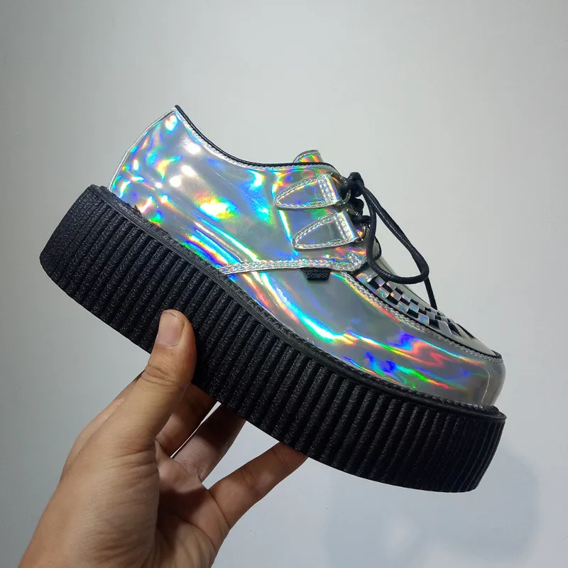 Spring Autumn 2018 Fashion Silver Laser Hologram Women Goth Punk High Platform Flat Creepers Shoes HARAJUKU Creeper Woman Girls  (9)