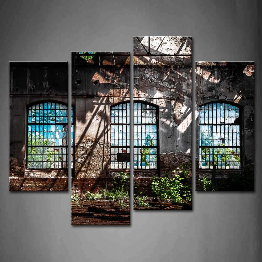 

Framed Wall Art Picture Factory Window Plant Canvas Print Artwork Architecture Poster With Wooden Frame For Living Room