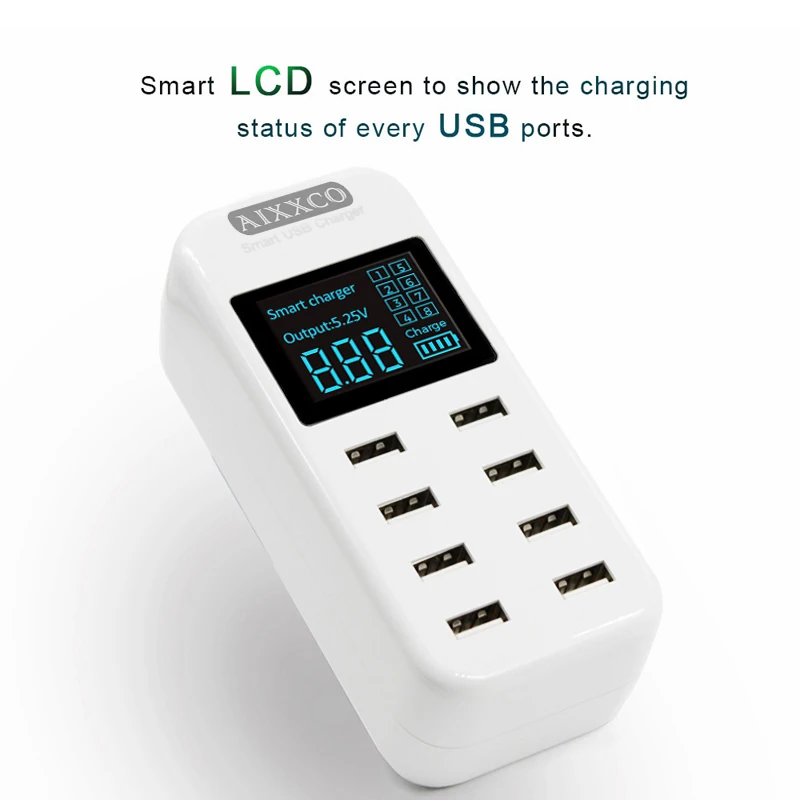 Pаспродажа AIXXCO Smart 8A font b USB b font зарядное устройство с ЖК дисплеем с 8 font b usb b font портами питания для iphone samsung мобильного телефона