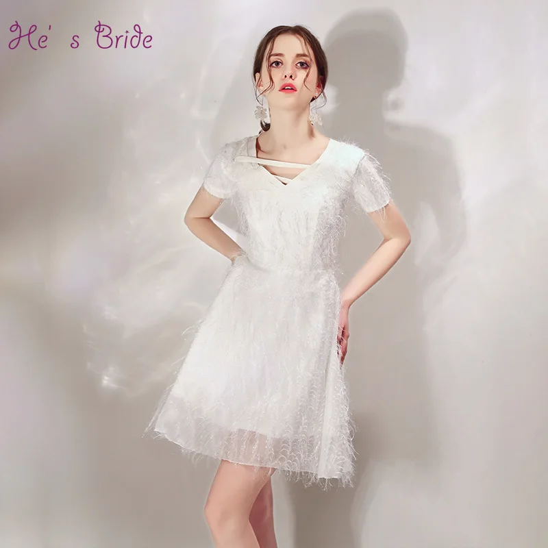 Женское коктейльное платье He's Bride белое мини-платье на молнии с V-образным