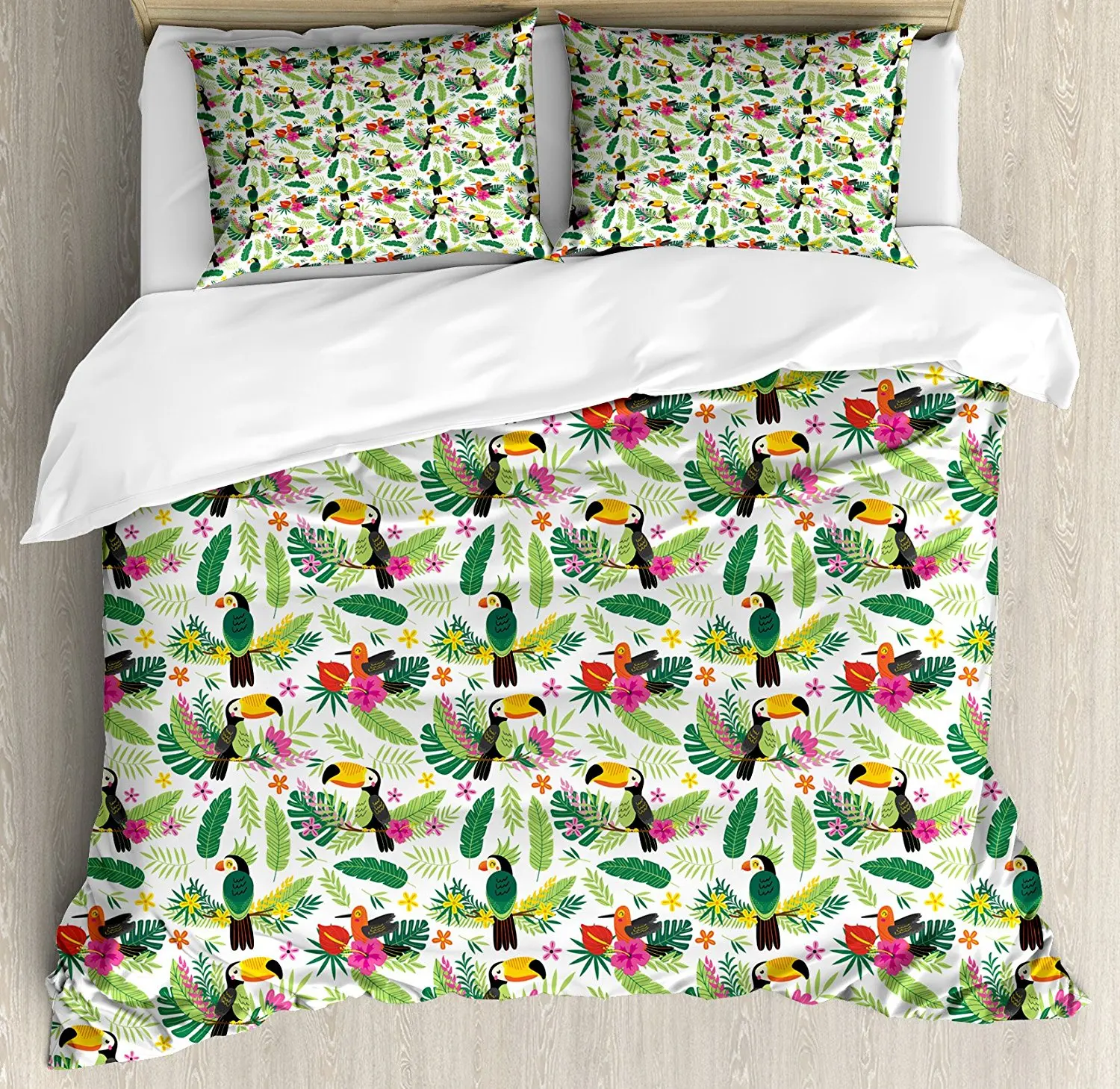 Duvet Cover Set, Tropical Island Jungle with Flora and Fauna Birds