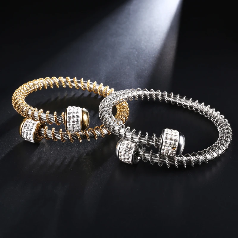 

2019 Iced out Rhinestone Crystal Stainless Steel Cable Stretch Female Bracelets & Bangles Cuff Wire Line Bangle Jewelry