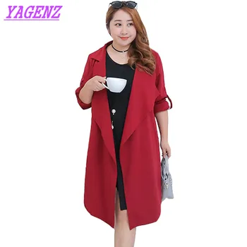

Plus size Women Windbreaker Coat Spring Autumn Loose Thin Trenchcoat Temperament Ladies Fashion Red wine Long Cardigan Coat B582