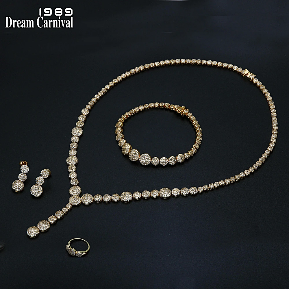 

DreamCarnival 1989 New Deluxe Jewelery Set for Women Zirconia 4 Piece Wedding Bijoux Saudi Dubai Hot Selling Gold Color SN04822G