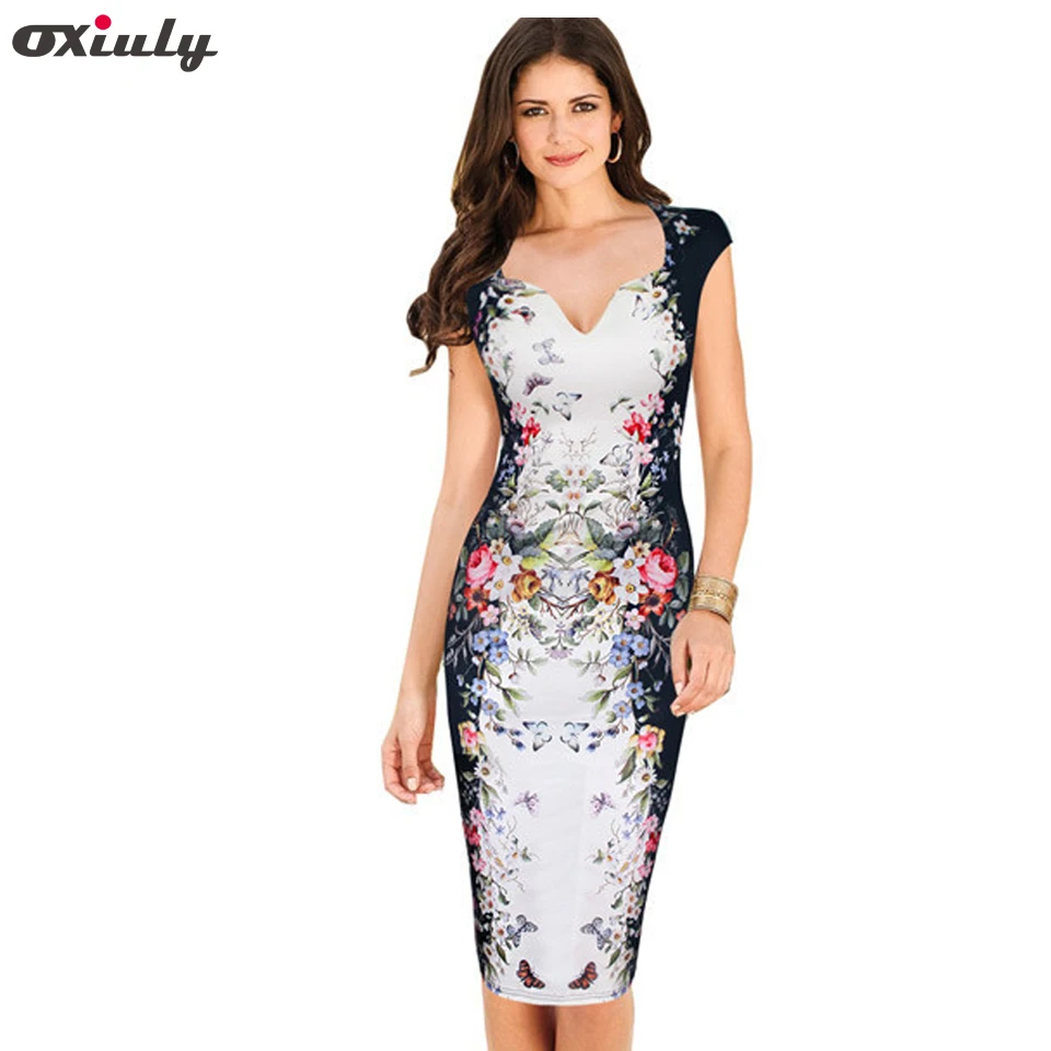 Oxiuly Womens Summer Elegant Floral Butterfly Print Charming Pinup Casual Party Bodycon Sheath Dress Plus Size 3XL plus-floral-dress : image Oxiuly Womens Summer Elegant Floral Butterfly Print Charming Pinup Casual Party Bodycon Sheath Dress Plus Size 3XL plus-floral-dress