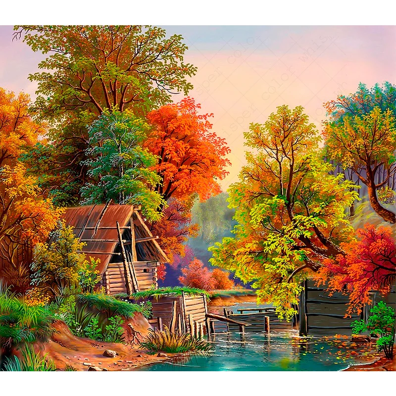 5D Diamond Painting Full Square Drill"Autumn Landscape Forest Color