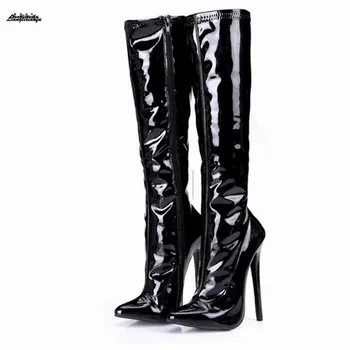 

Size:37-43 44 sexy botas mujer 16cm ultra thin heels high boots side zipper Bottes pointed toe Bottes genoux dress women shoes